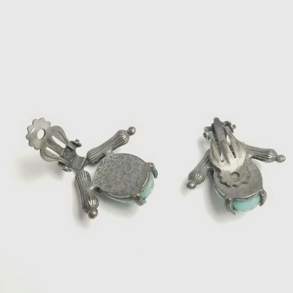 Vintage Blue Cabochon and Silver Tone Clip On Earrings, Retro Design, Estate - Picture 3 of 5